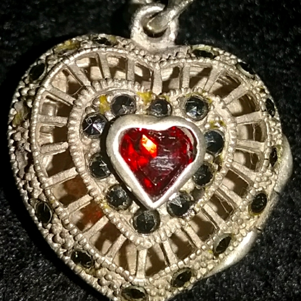 Genuine Garnet & Hand Carved Heart & Marcasites.925 Stamped Locket Necklace